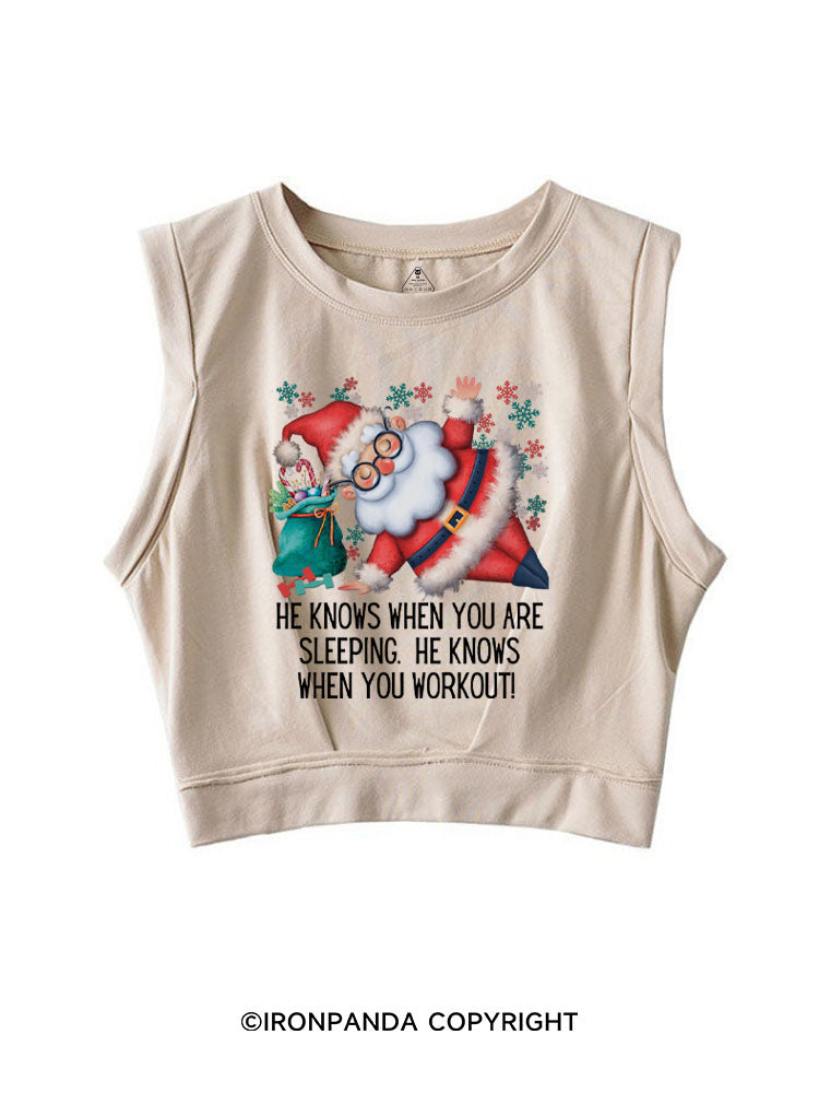Funny Christmas Santa Knows When You Workout SLEEVELESS CROP TOPS