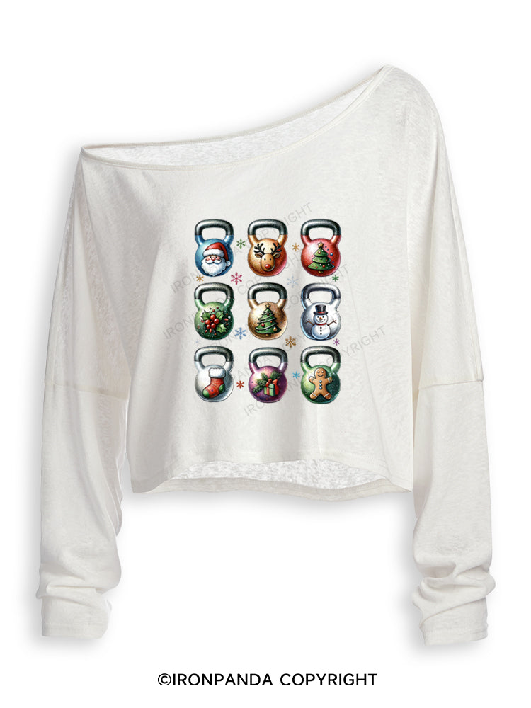 CHRISTMAS WORKOUT WEIGHTLIFTING Off Shoulder Long Sleeve Crop Top