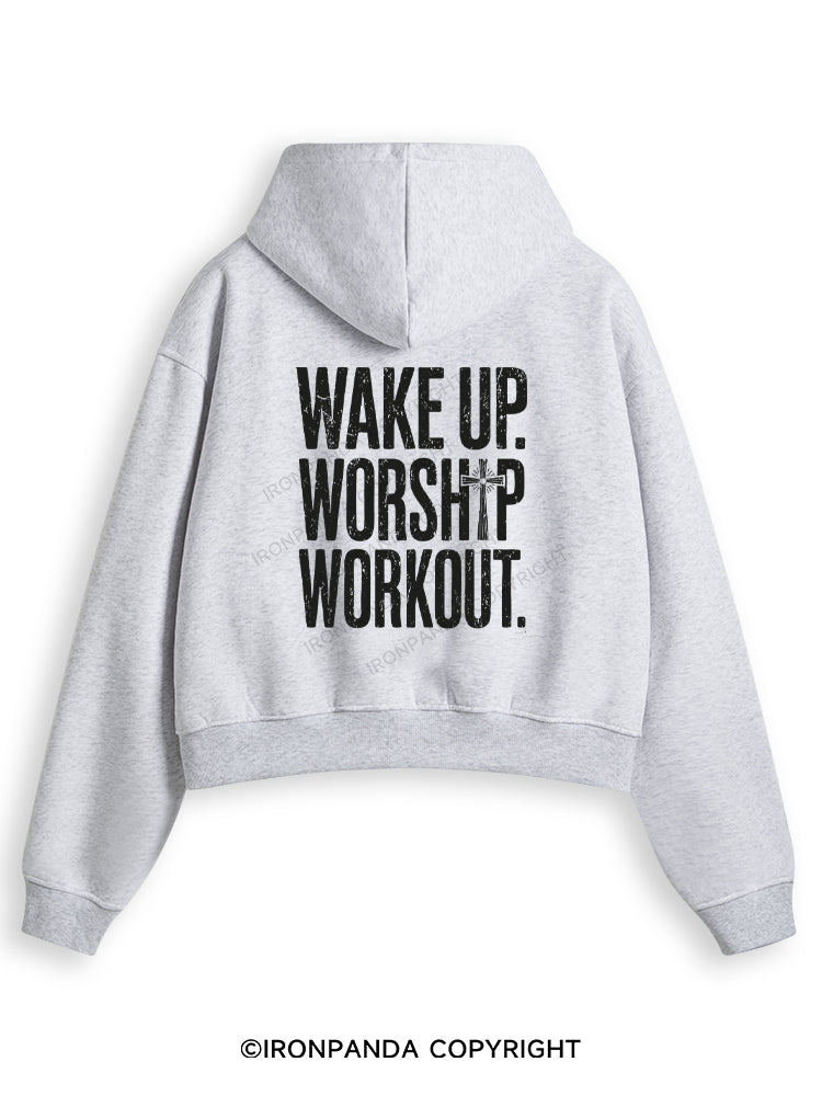 WAKE UP WORSHIP WORKOUT JESUS Fleece Crop Zip Up Hoodie