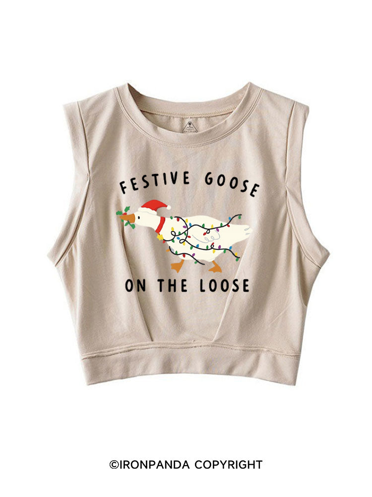 Festive Goose On The Loose Christmas Funny SLEEVELESS CROP TOPS