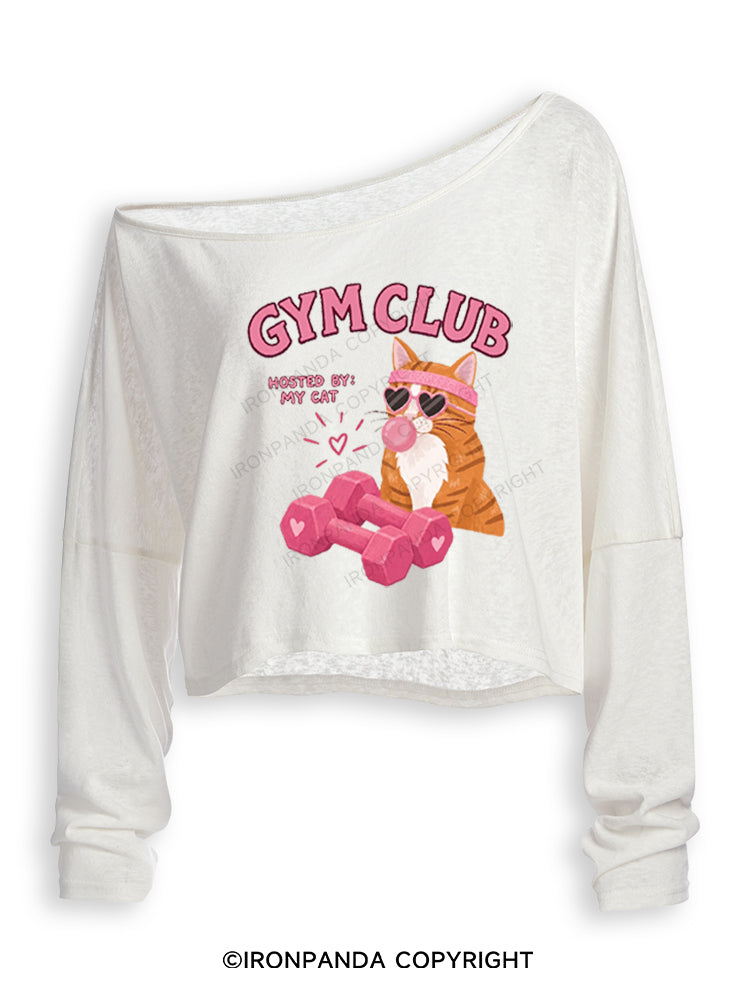 GYM CLUB HOSTED BY MY CAT Off Shoulder Long Sleeve Crop Top