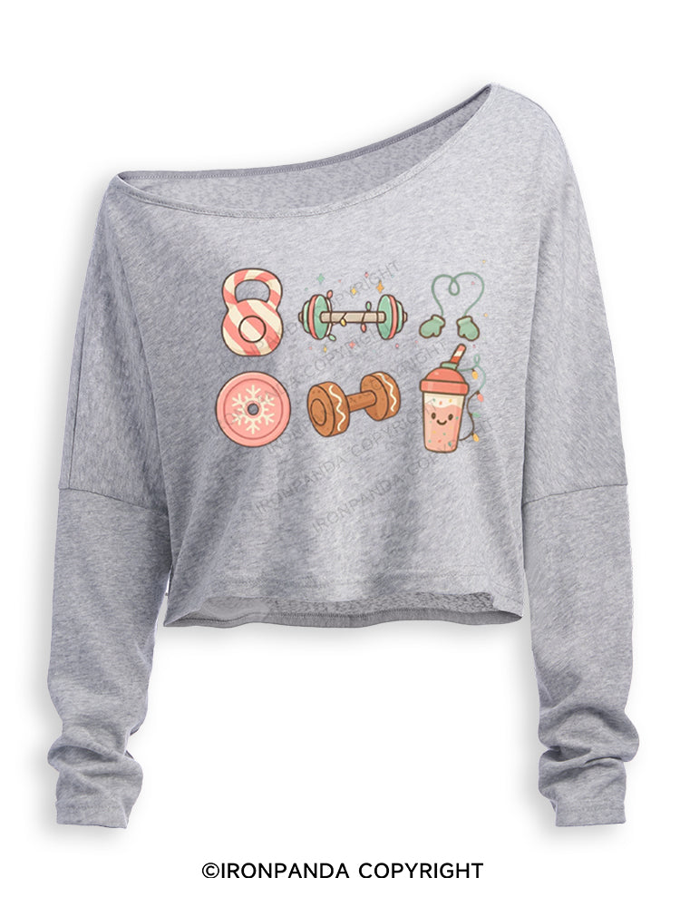 Candy Cane Kettlebell & Cookie Dumbbell Xmas Off Shoulder Long Sleeve Crop Top