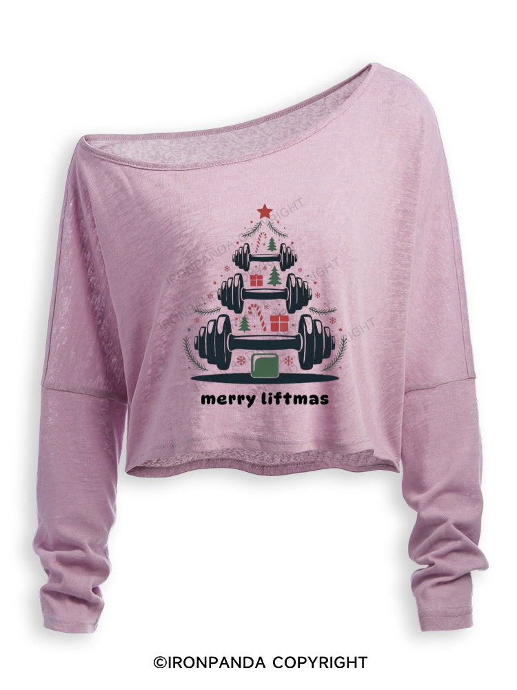 Merry Liftmas Funny Christmas Gym Off Shoulder Long Sleeve Crop Top