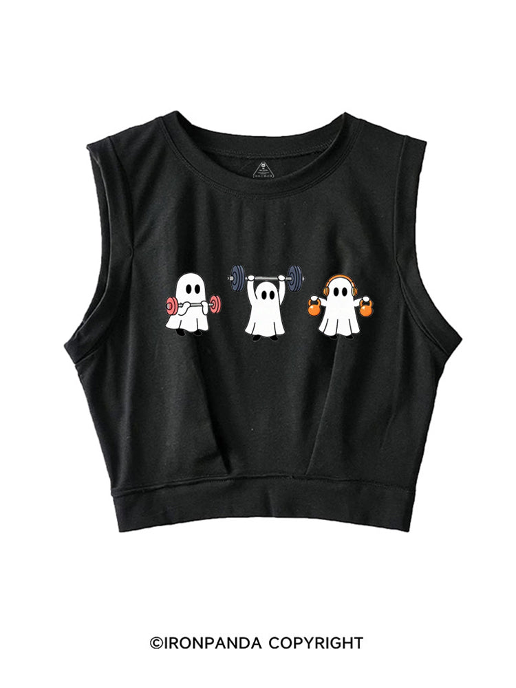 GHOST LIFTING WEIGHTS BARBELL GYM LOVERS SLEEVELESS CROP TOPS