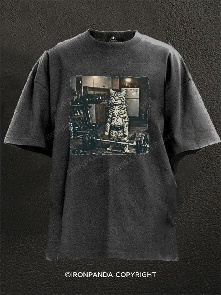 Vintage Weightlifting Cat Gym Deadlift Fitness Animal Meme Washed Gym Shirt