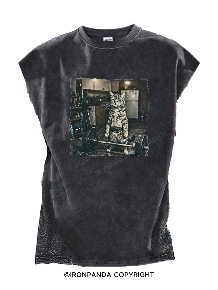 Vintage Weightlifting Cat Gym Deadlift Fitness Animal Meme Cut Off Tank