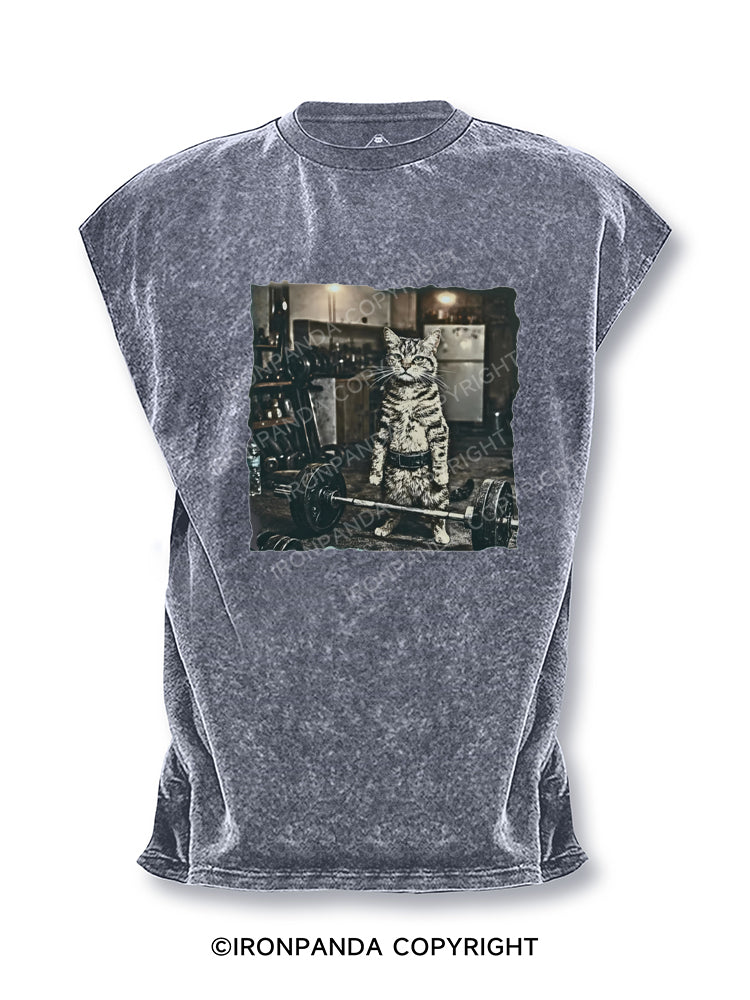 Vintage Weightlifting Cat Gym Deadlift Fitness Animal Meme Cut Off Tank