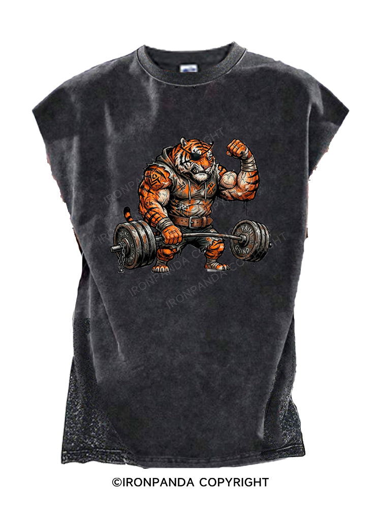 Muscular Gym Tiger Lifting Heavy Barbell Cut Off Tank
