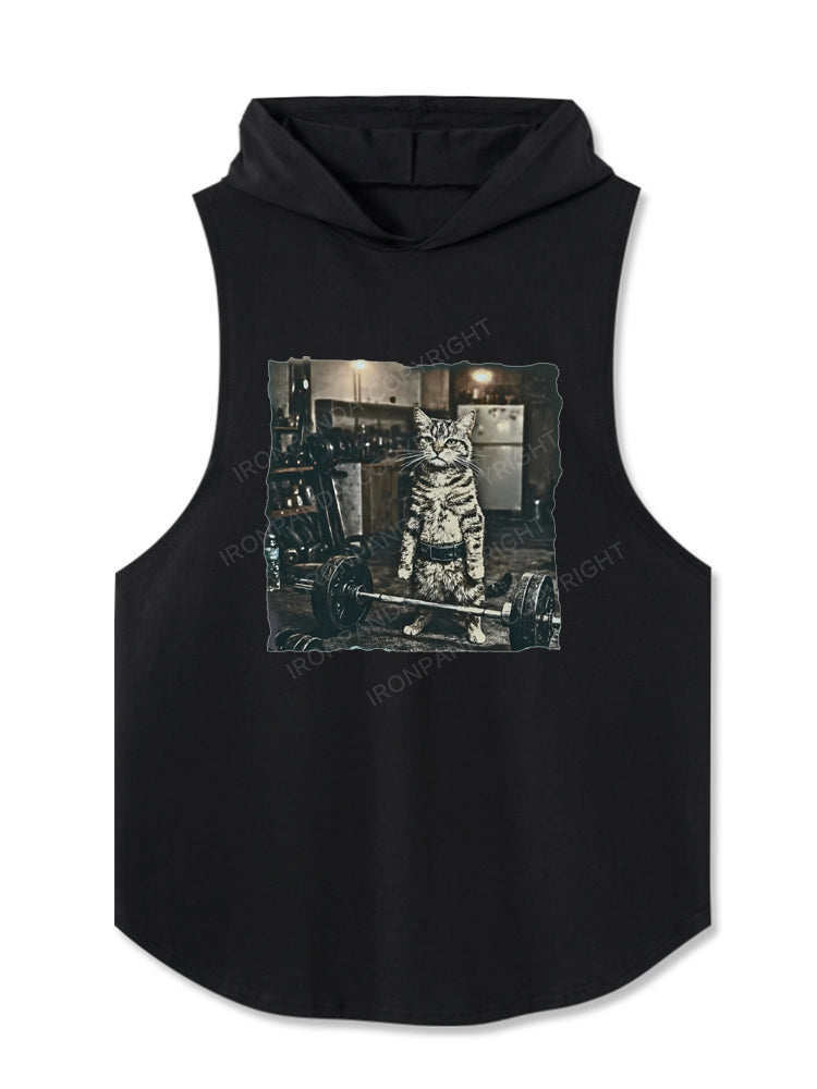 Vintage Weightlifting Cat Gym Deadlift Fitness Animal Meme Hooded Tank