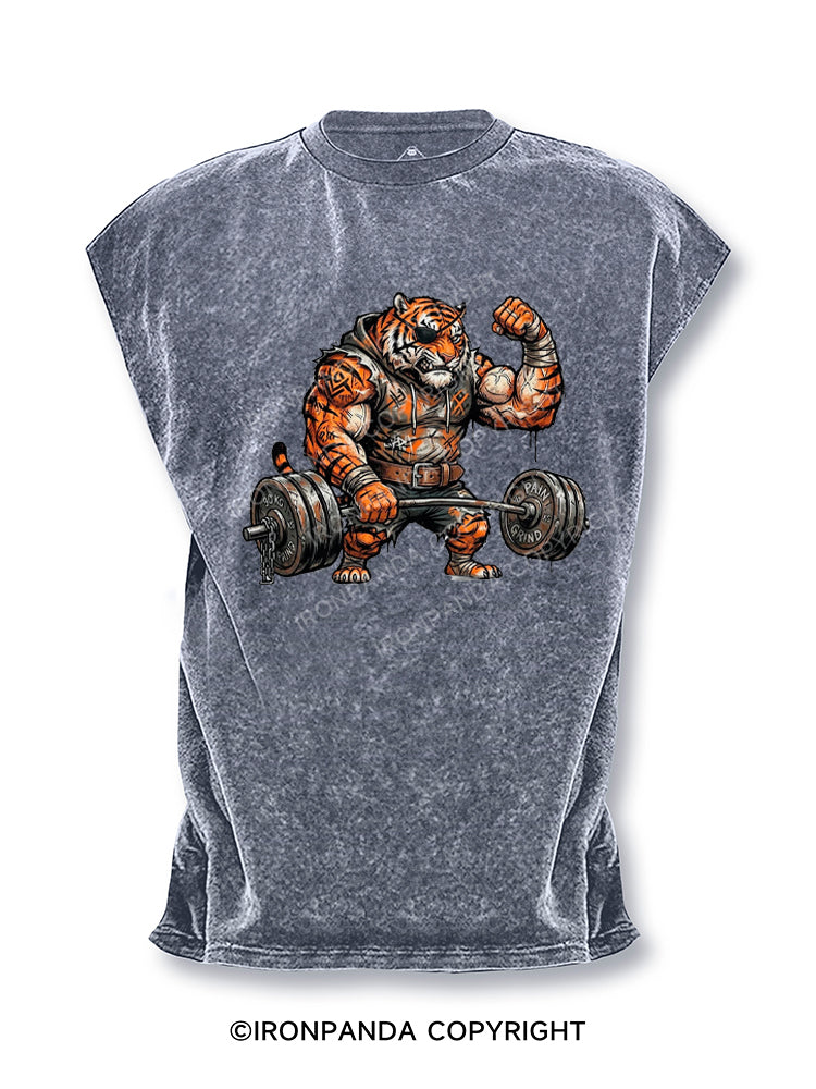 Muscular Gym Tiger Lifting Heavy Barbell Cut Off Tank
