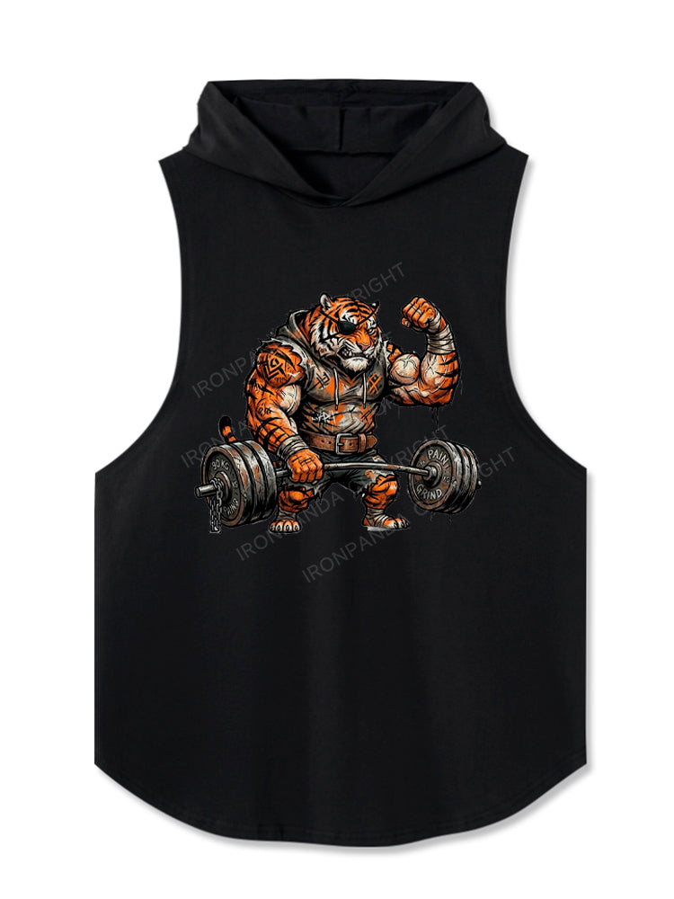 Muscular Gym Tiger Lifting Heavy Barbell Hooded Tank