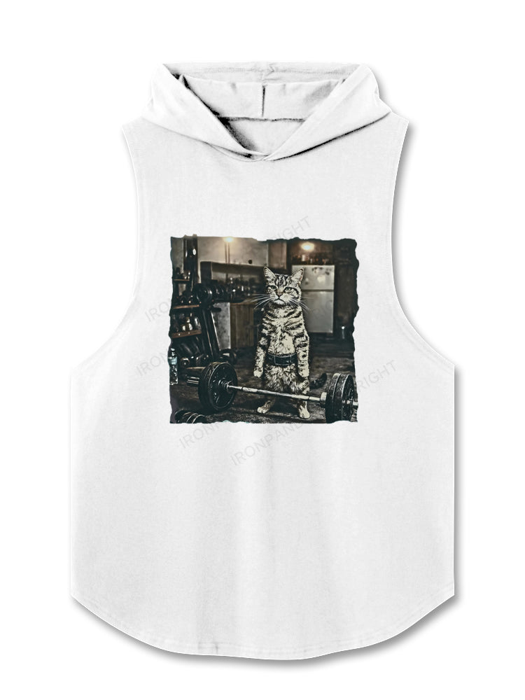 Vintage Weightlifting Cat Gym Deadlift Fitness Animal Meme Hooded Tank