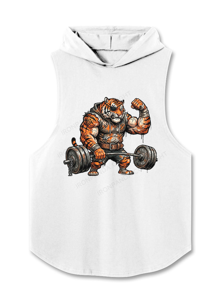 Muscular Gym Tiger Lifting Heavy Barbell Hooded Tank
