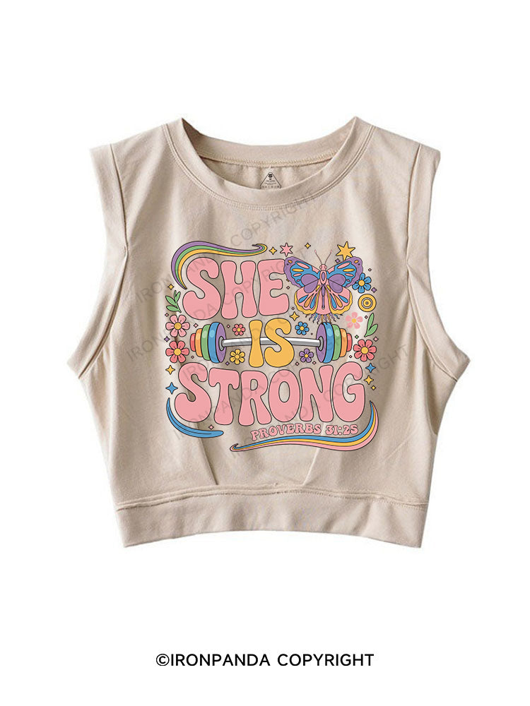 SHE IS STRONG SLEEVELESS CROP TOPS