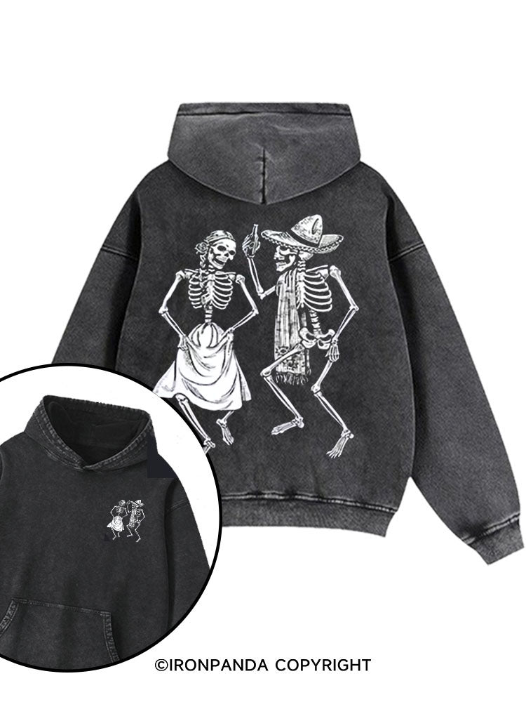 2 Dancing Skeletons Printed Washed Gym Hoodie