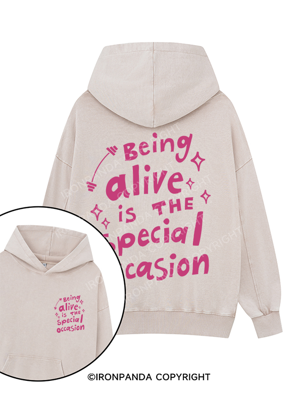 BEING ALIVE IS THE SPECIAL OCCASION Printed Washed Gym Hoodie