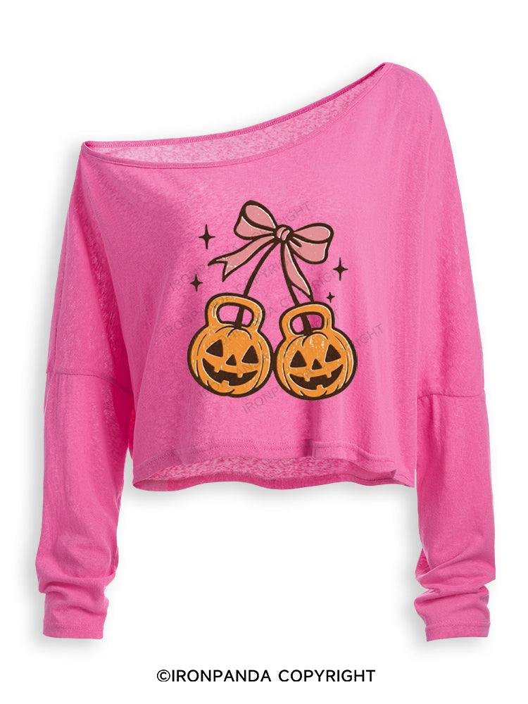 CHERRY PUMPKIN KETTLEBELL HALLOWEEN Off Shoulder Long Sleeve Crop Top