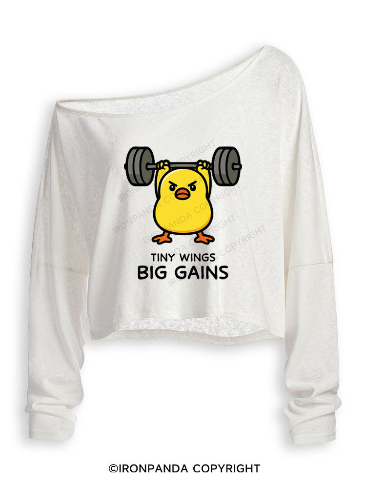TINY WINGS BIG GAINS Off Shoulder Long Sleeve Crop Top