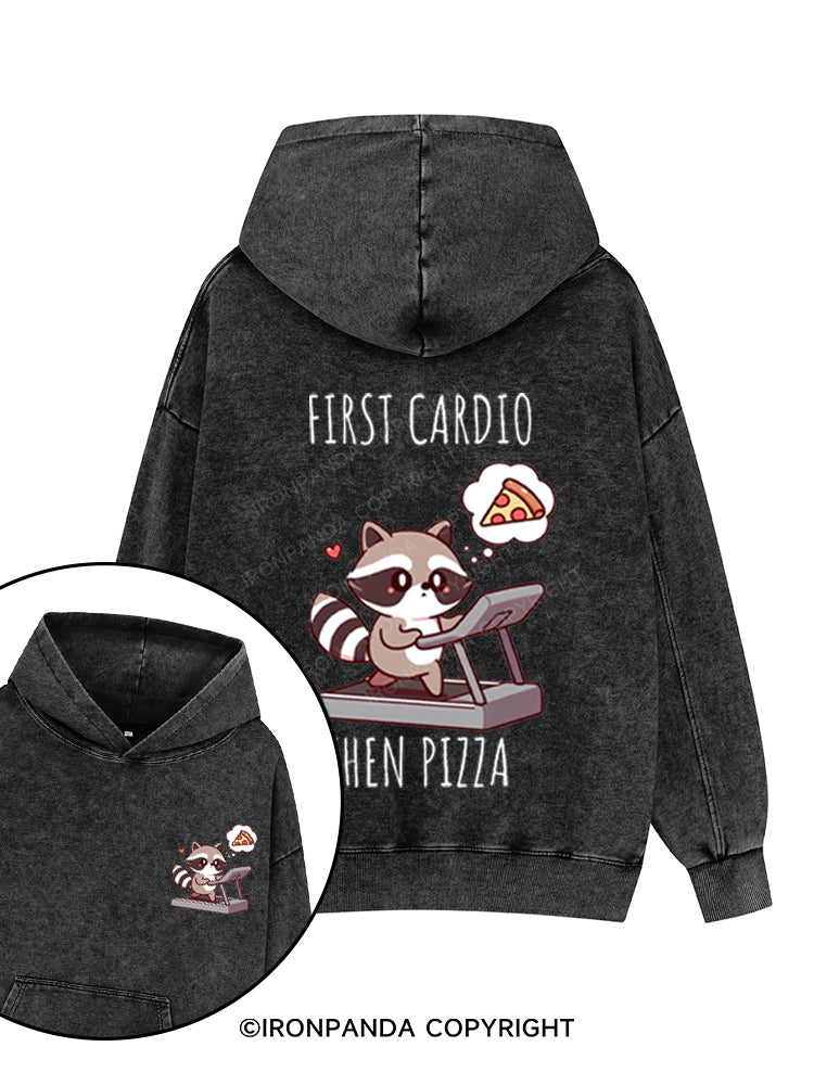 FIRST CARDIO THEN PIZZA CHEAT DAY RACCOON Printed Washed Gym Hoodie