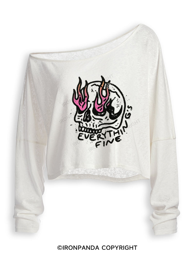 Everything is Fine Funny Skeleton Off Shoulder Long Sleeve Crop Top