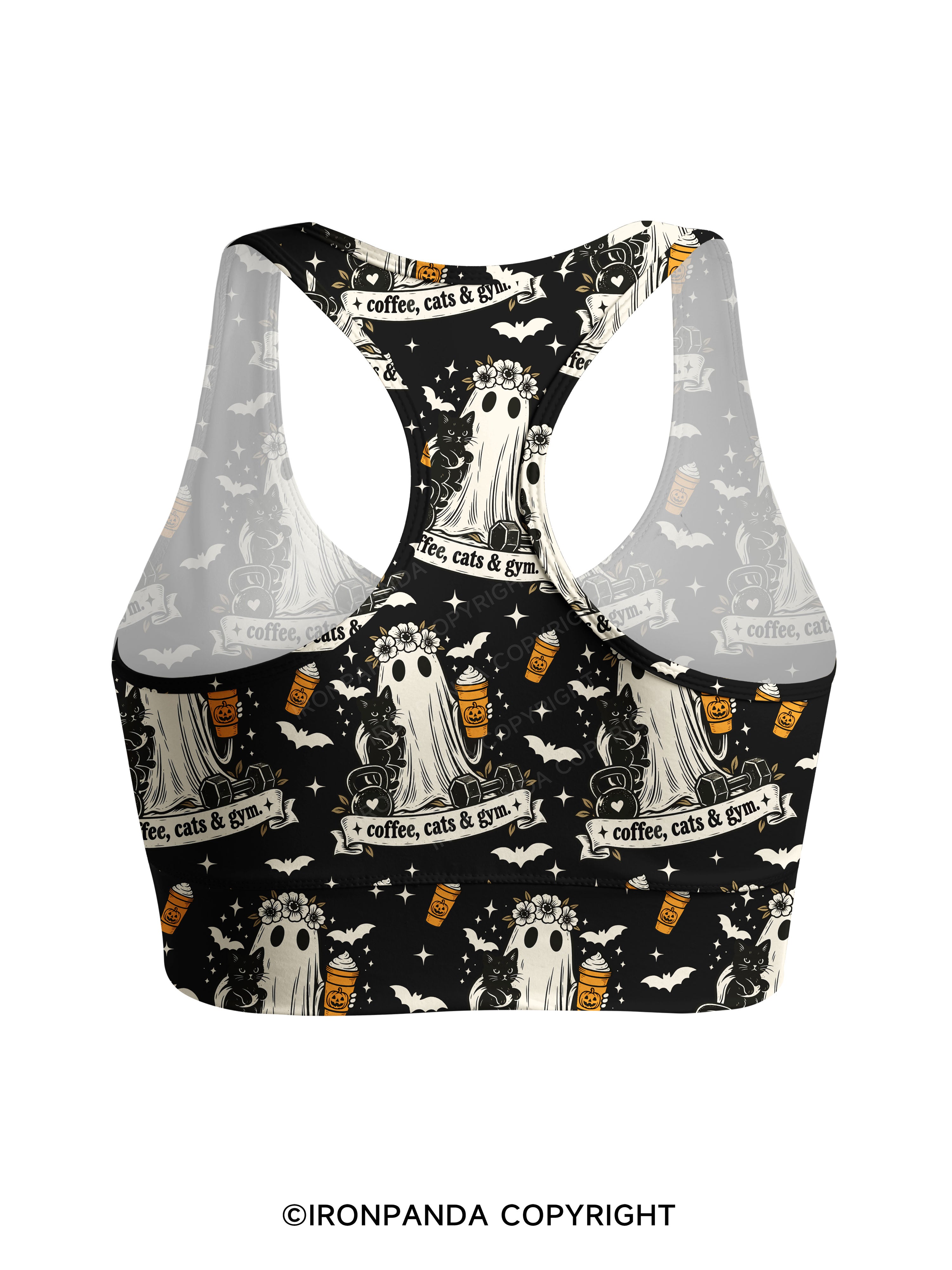 COFFEE, CATS & GYM HAPPY HALLOWEEN Racerback Sports Bra