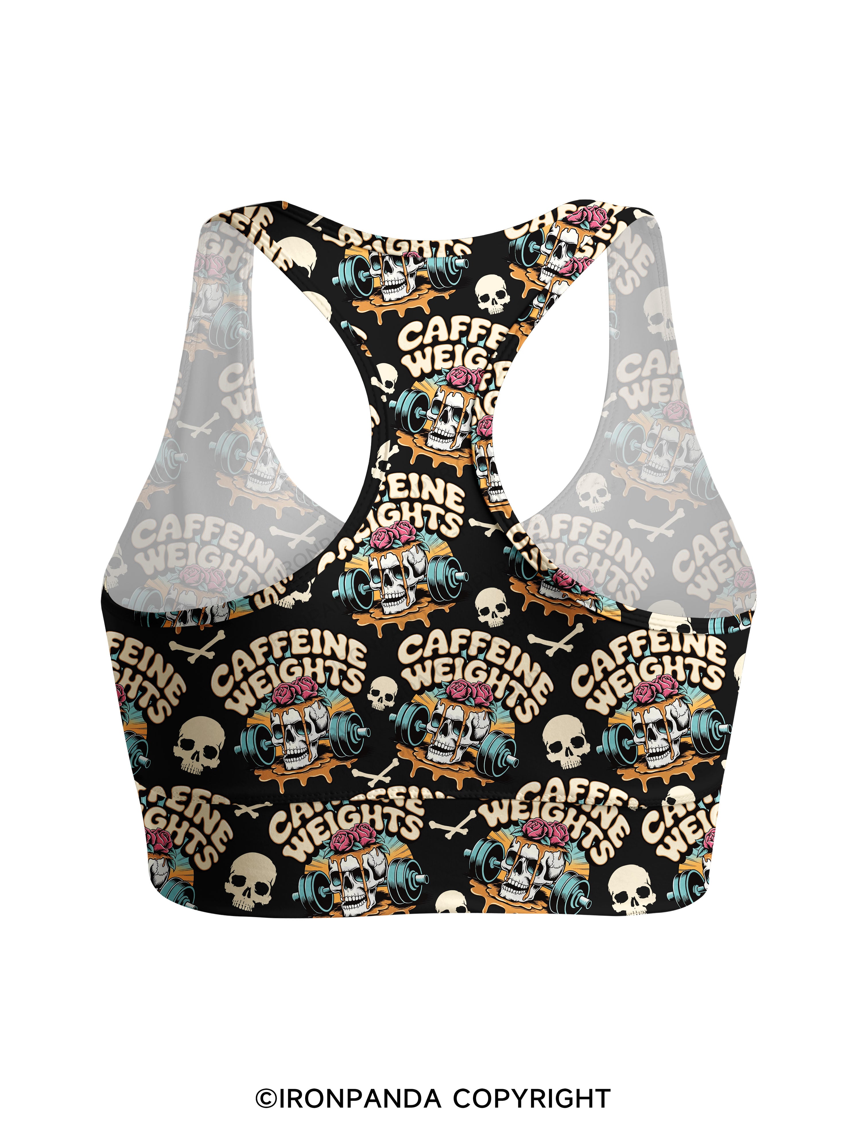 Caffeine weights skeleton Racerback Sports Bra