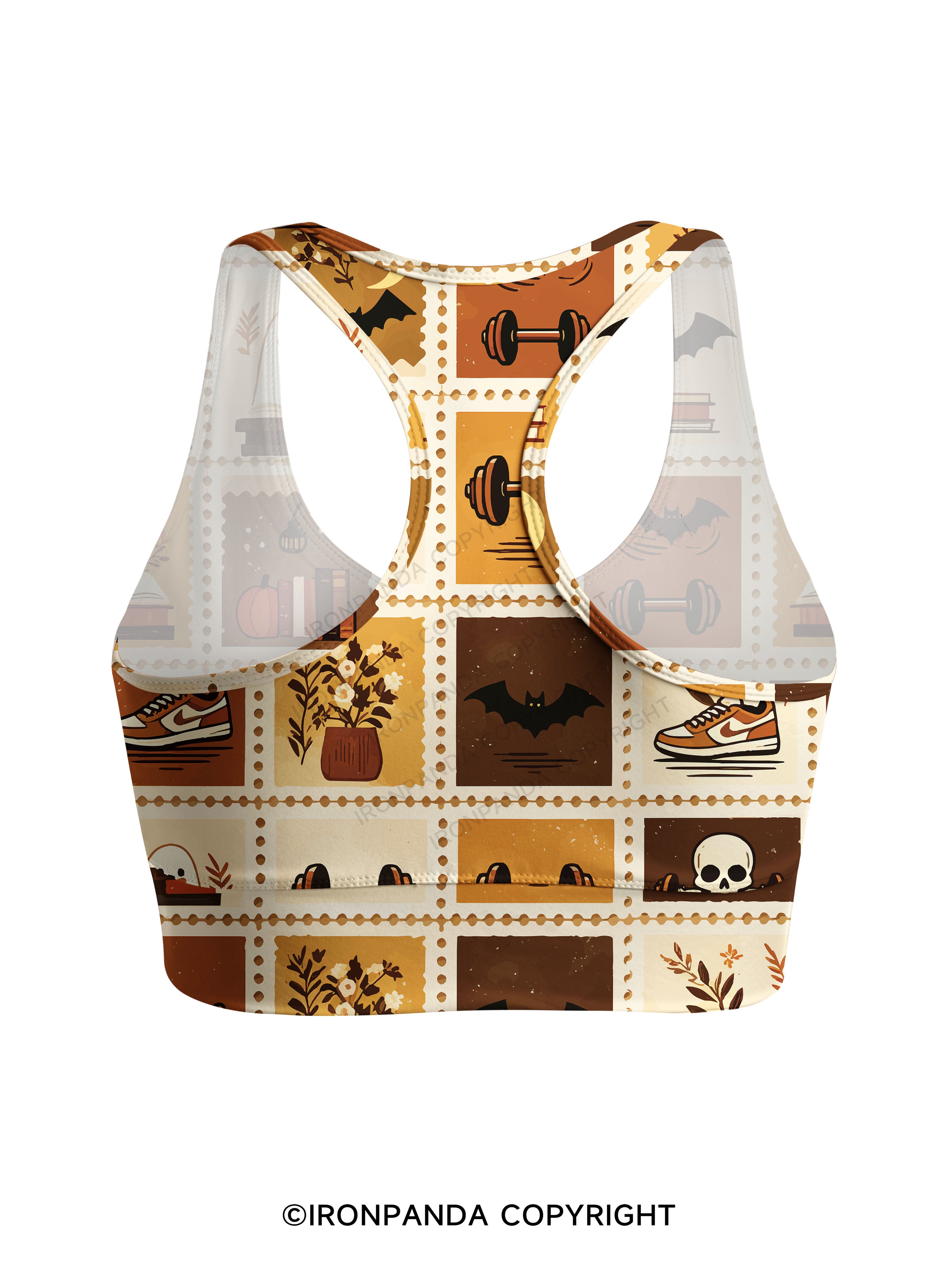 Halloween Fall Fitness Grid Print Racerback Sports Bra