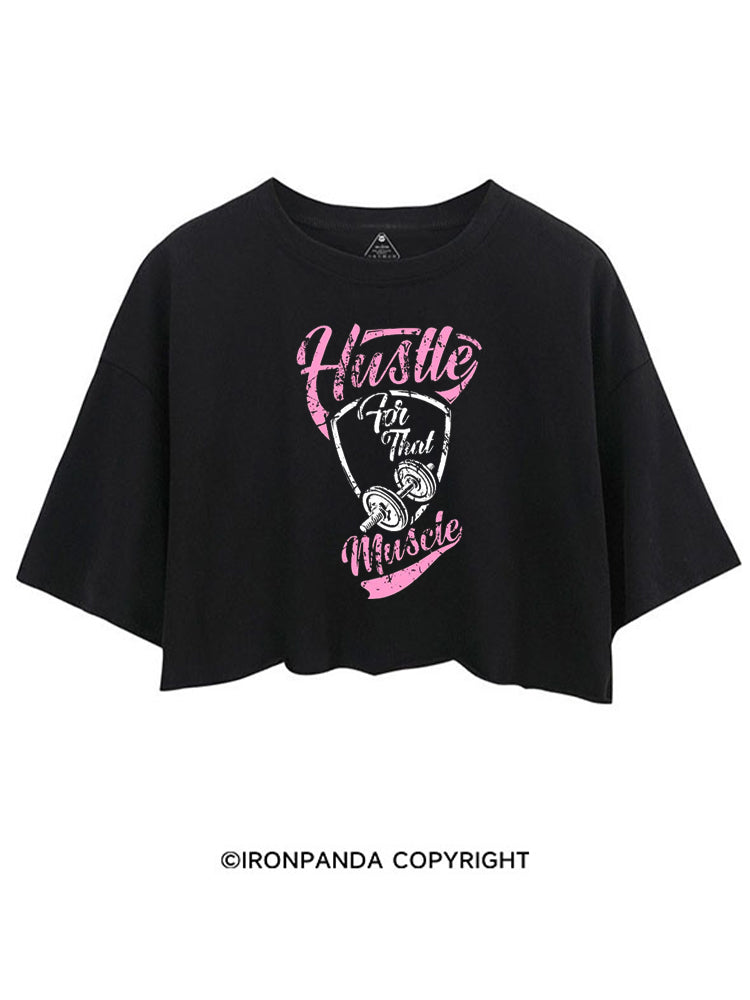 HUSTLE FOR THAT MUSCLE FUNNY GYM PINK CROP TOPS