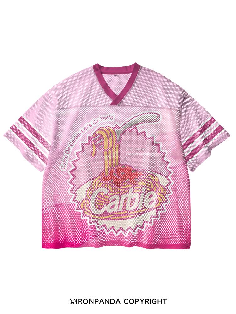 Carbie I Love Carbs Bread Pasta Pizza V-Neck Open Hole Mesh Top