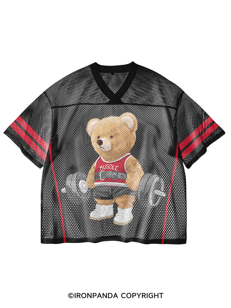 Exercise Bear V-Neck Open Hole Mesh Top