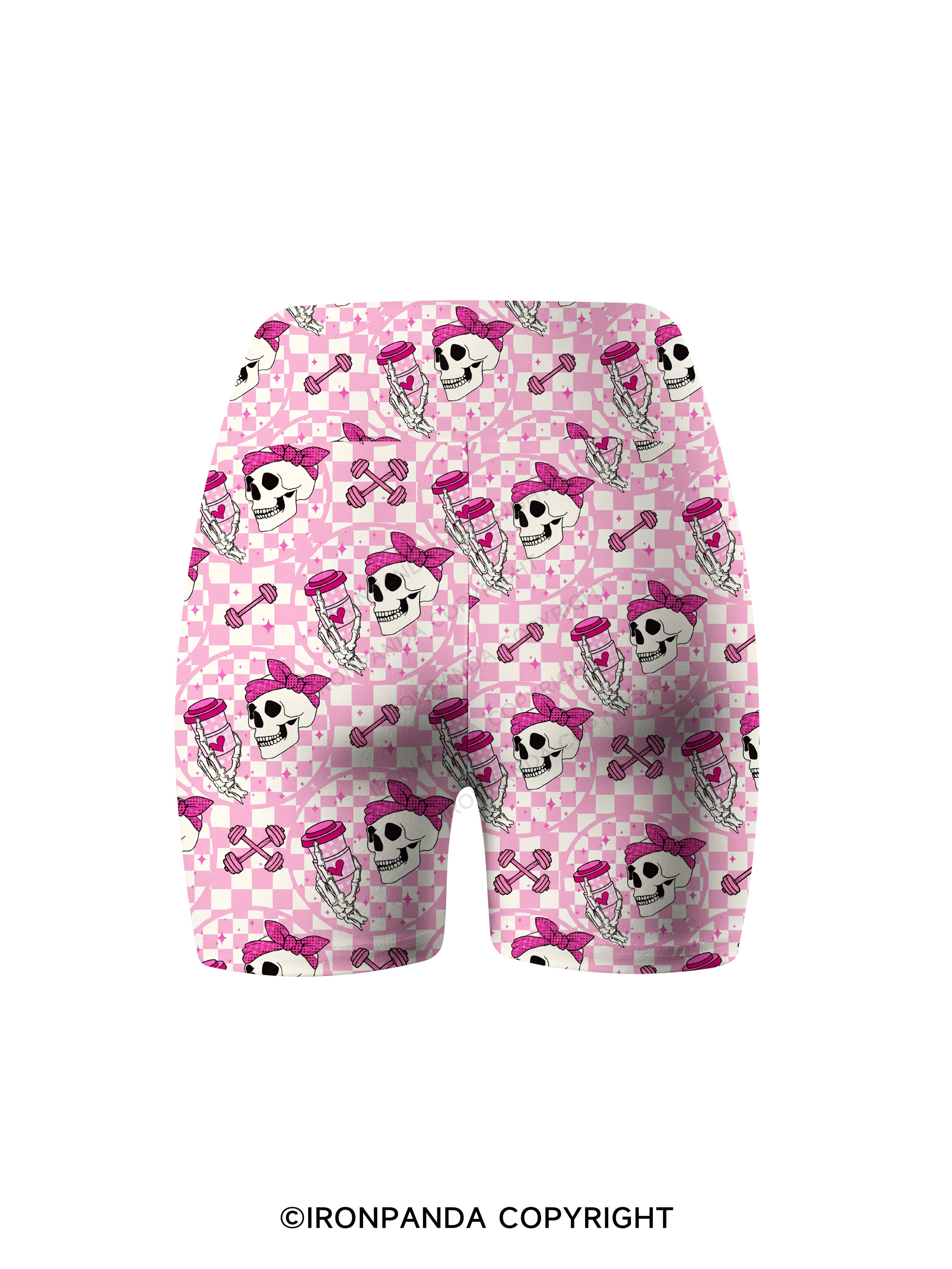 Pink Check Gym Skull Printed Yoga Cycling Shorts