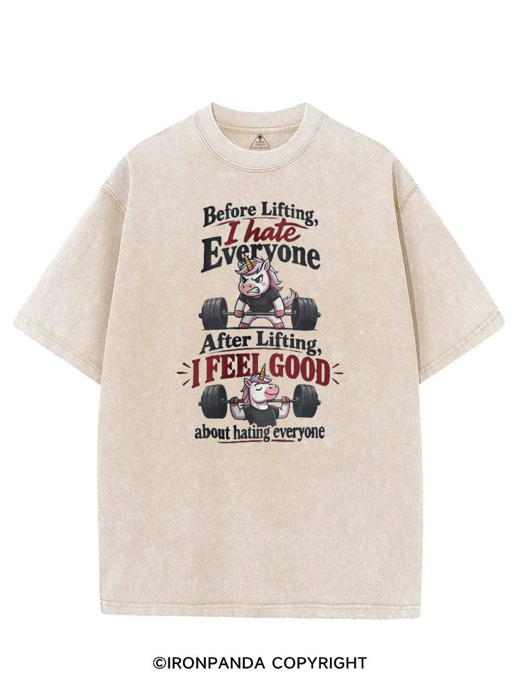 BEFORE LIFTING, I HATE EVERYONE. AFTER LIFTING, I FEEL GOOD ABOUT HATING EVERYONE VINTAGE GYM SHIRT