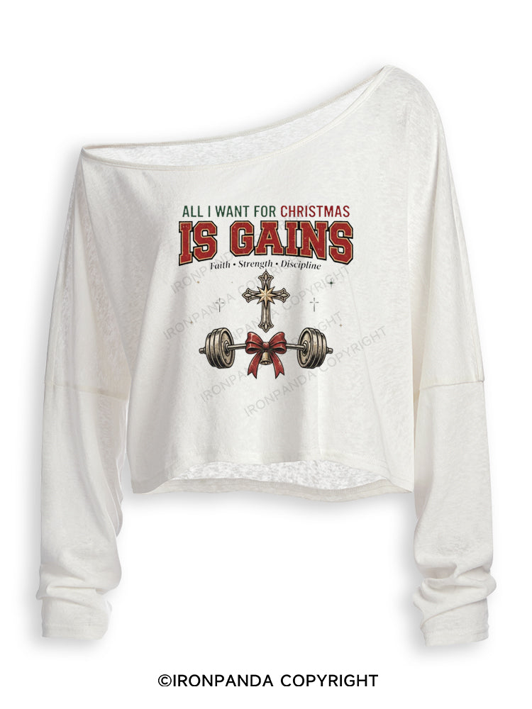 ALL I WANT FOR CHRISTMAS IS GAINS FAITH STRENGTH DISCIPLINE Off Shoulder Long Sleeve Crop Top