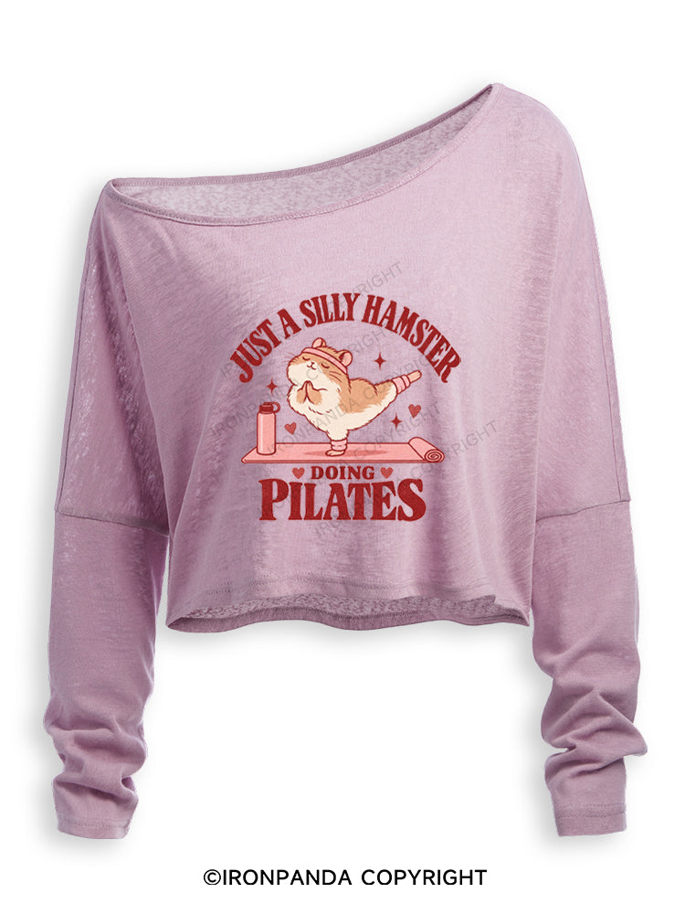 JUST A SILLY HAMSTER DOING PILATES Off Shoulder Long Sleeve Crop Top