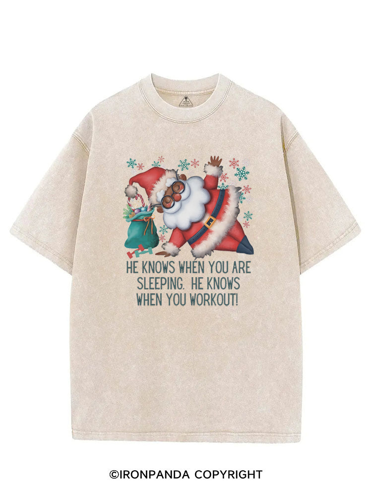 Funny Christmas Santa Knows When You Workout VINTAGE GYM SHIRT