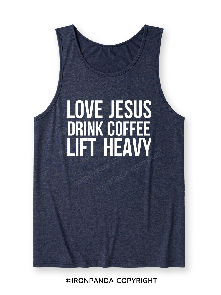 LOVE JESUS DRINK COFFEE LIFT HEAVY Ultra Soft Heather Tank