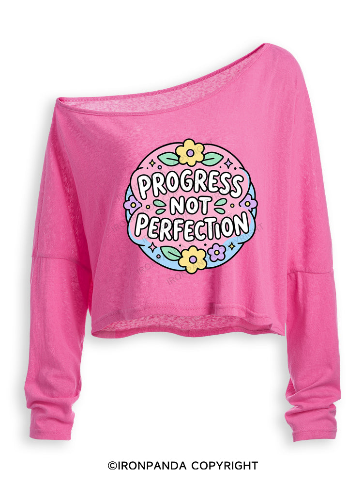 PROGRESS NOT PERFECTION Off Shoulder Long Sleeve Crop Top