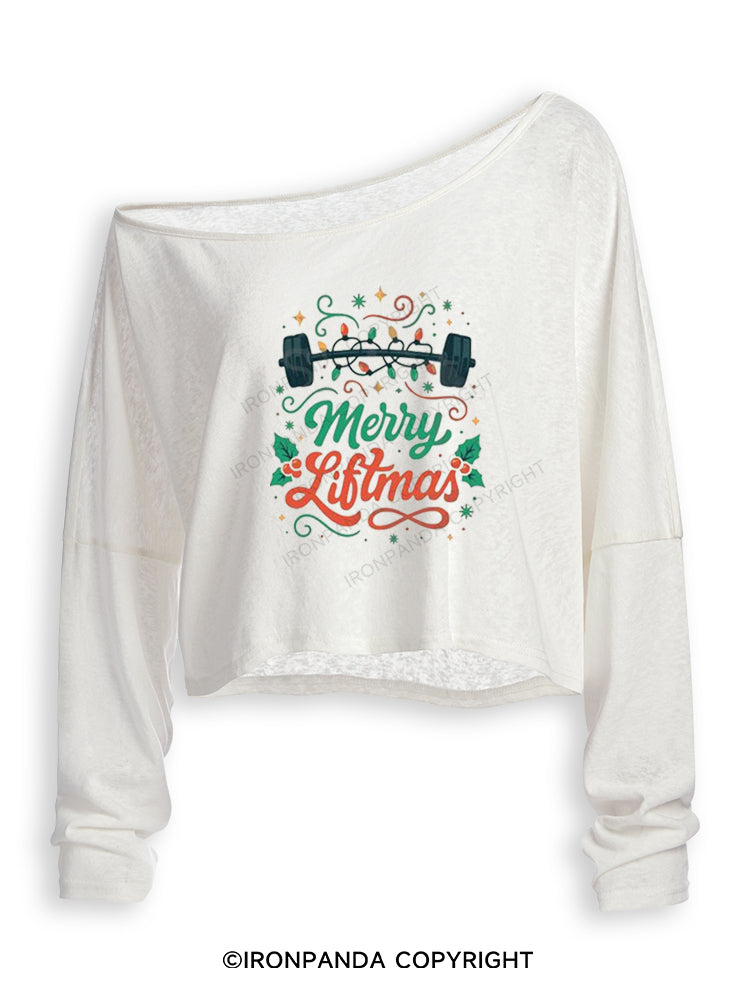 MERRY LIFTMAS STRONG CHRISTMAS Off Shoulder Long Sleeve Crop Top