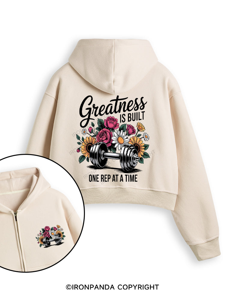 GREATNESS IS BUILT ONE REP AT A TIME  color Fleece Crop Zip Up Hoodie