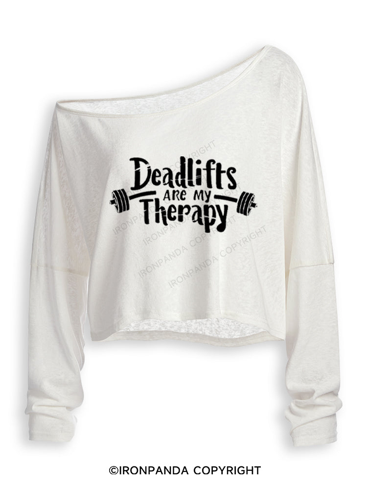 DEADLIFTS ARE MY THERAPY Off Shoulder Long Sleeve Crop Top
