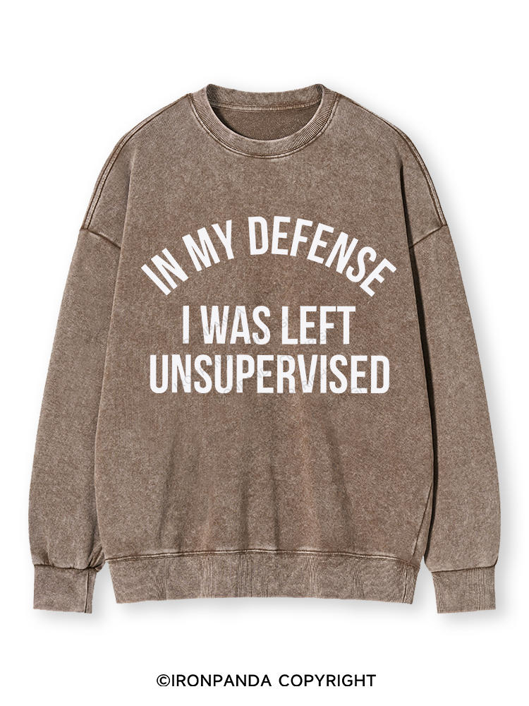 IN MY DEFENSE I WAS LEFT UNSUPERVISED Washed Sweatshirt