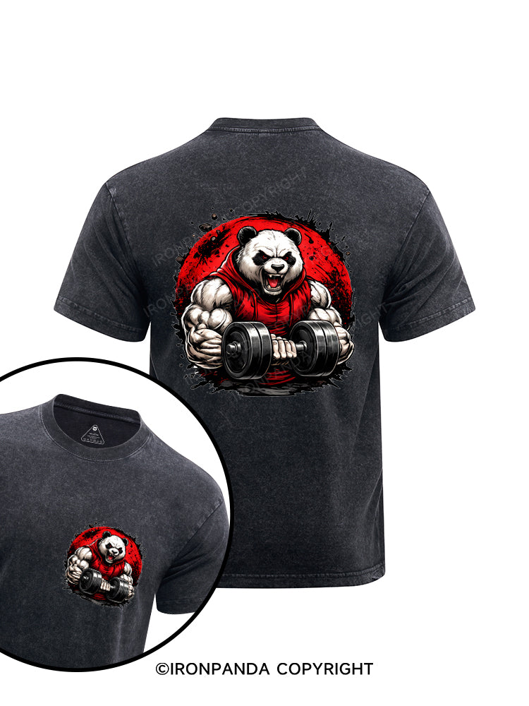 Buff Panda Lifting Weights Printed Washed Gym Shirt
