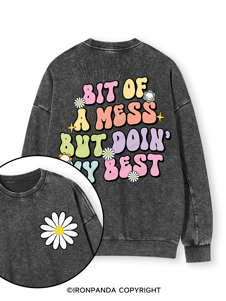 BIT OF A MESS BUT DOIN' MY BEST Double-Sided Printed Washed Sweatshirt