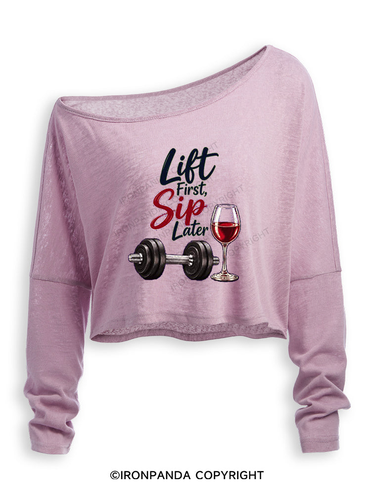 Lift First Sip Later Off Shoulder Long Sleeve Crop Top