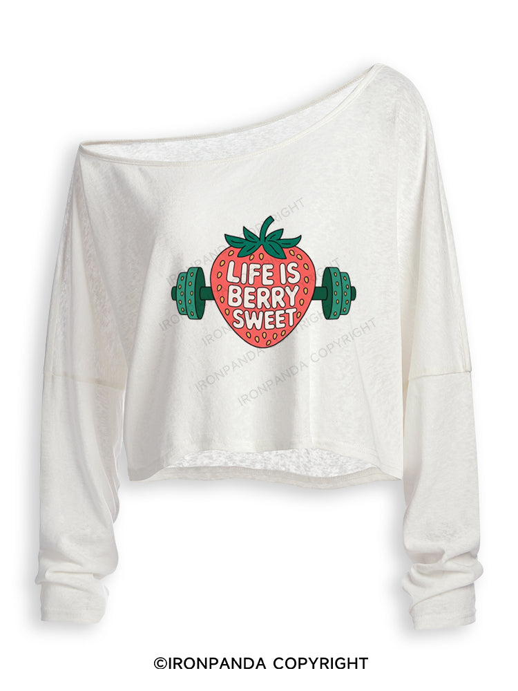 LIFE IS BERRY STRONG STRAWBERRY Off Shoulder Long Sleeve Crop Top