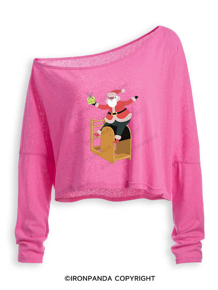 CHRISTMAS SANTA CLAUS PILATES Off Shoulder Long Sleeve Crop Top