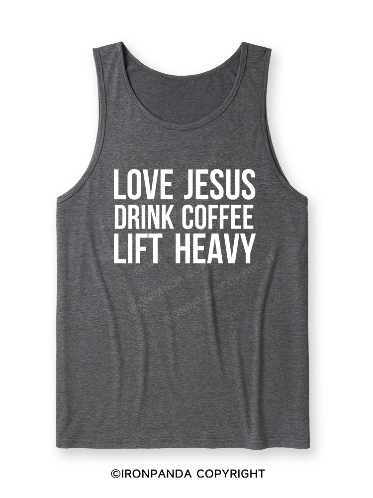 LOVE JESUS DRINK COFFEE LIFT HEAVY Ultra Soft Heather Tank