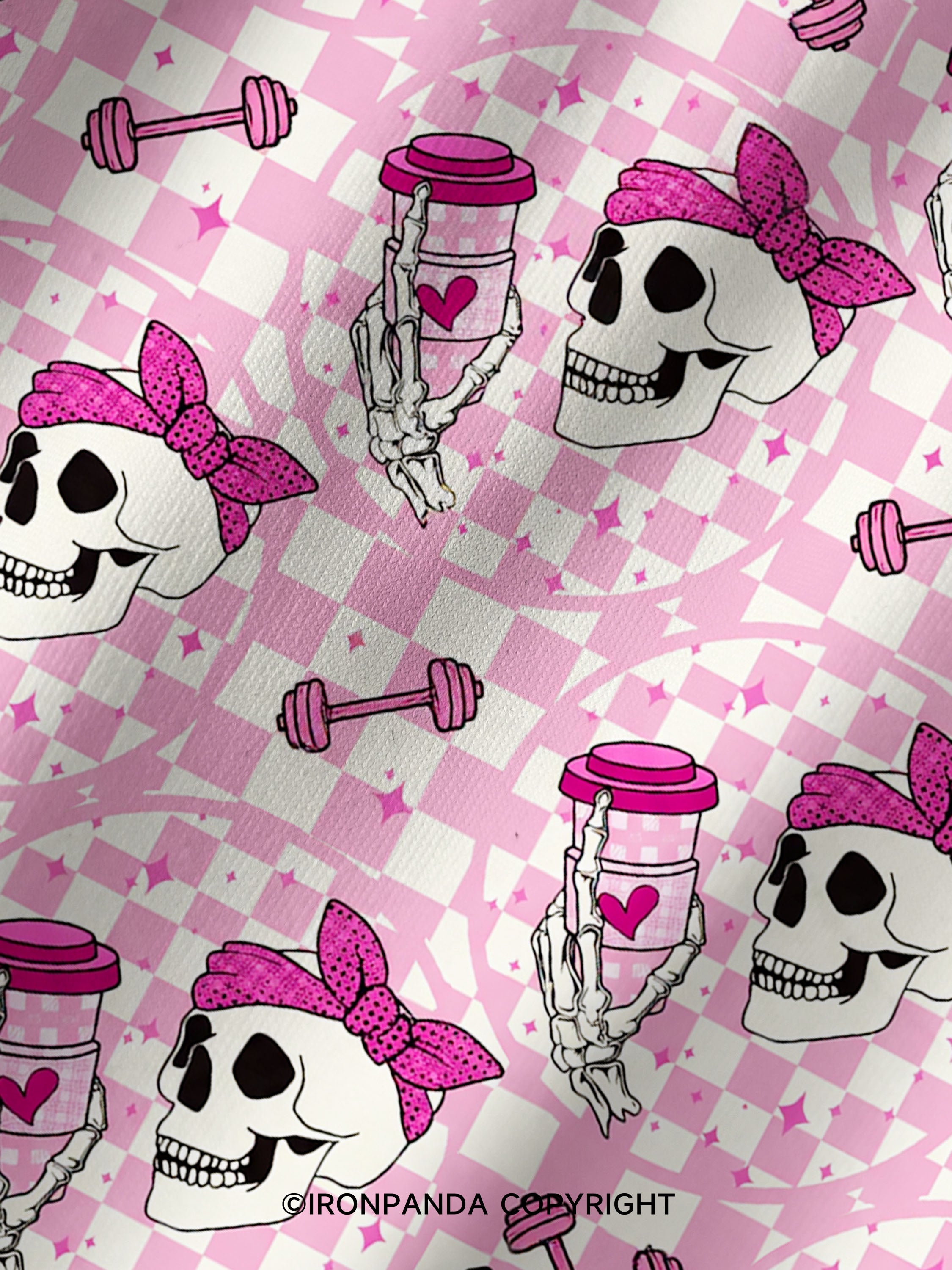 Pink Check Gym Skull Printed Yoga Shorts