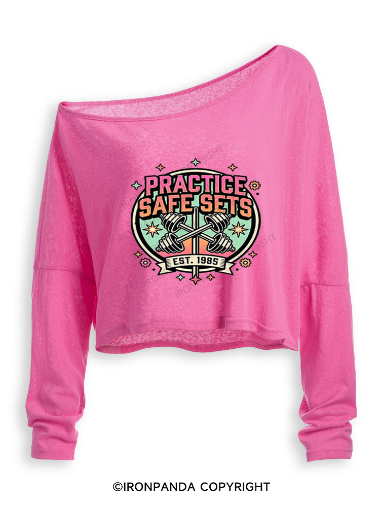PRACTICE SAFE SETS FUNNY RETRO Off Shoulder Long Sleeve Crop Top