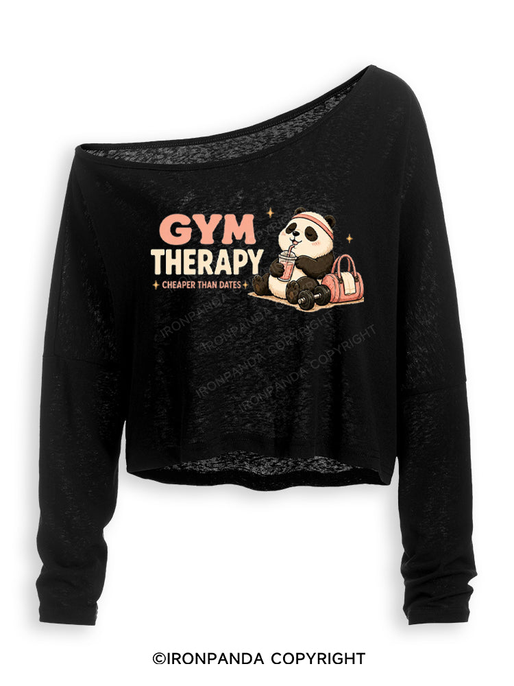 Gym Therapy Cheaper Than Dates Off Shoulder Long Sleeve Crop Top